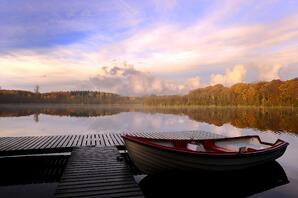 Autumn Sunrise On Lake with Boat